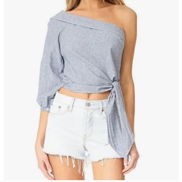 Free People One Shoulder Crop Top Waist Cotton Linen Stripe Blue White Small - Picture 3 of 13